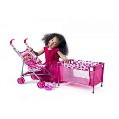 Bērnu leļļu ratiņi ar lellīti un manēžu