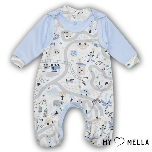 Šliaužtinukai ir marškinėliai "Miestas", melsva, 56, 62 cm.