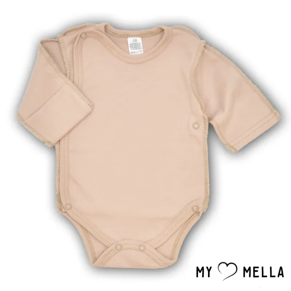 Apspīlētā bodija ar apvērstām vīlēm, balināta kakao krāsā, 56 cm.