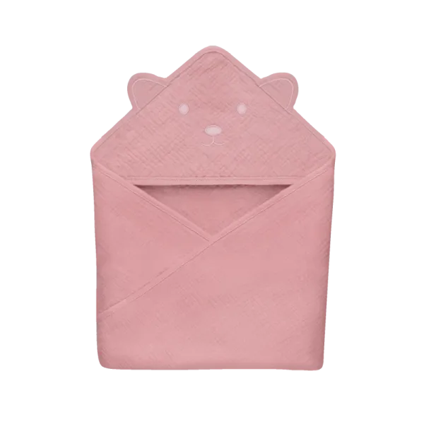 Lionelo muslīna dvielis ar kapuci 80x80 cm, rozā mazulis